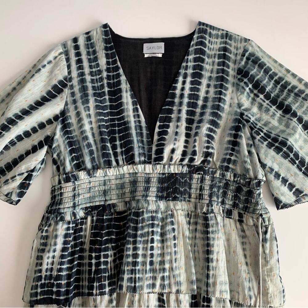 Saylor Syden Navy Tie Dye Gold Metallic V-neck Tiered Boho Mini Dress Large - Picture 3 of 12